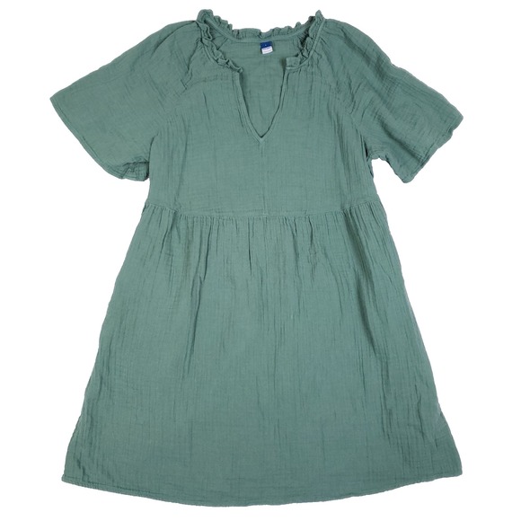 Old Navy Women's Dress Large Green Cotton Ruffle Neck Short Sleeve Babydoll - Picture 1 of 8